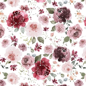 Cute Floral Fabric by the Yard. Girl Nursery, Flowers, Blush, Burgundy, Mauve, Botanical. Quilting Cotton, Sateen, Organic Knit, Minky.