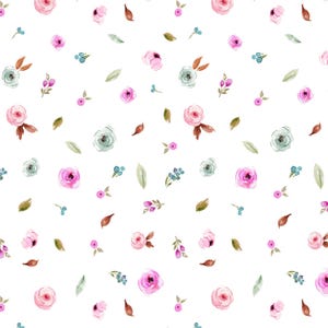 Fall Dainty Pink and Blue Floral Fabric by the Yard. Quilting Cotton, Sateen, Organic Knit, Jersey or Minky. Botanical Flowers, Girly