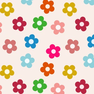 Colorful Retro Daisy Flowers Fabric by the Yard. Quilting Cotton, Knit, Jersey or Minky. 70s Floral Bright Rainbow Daisies Summer, Bold