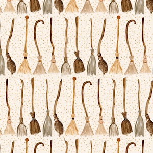 Wicked Broom Fabric by the Yard. Halloween Witch, Broomstick, Magical. Quilting Cotton, Poplin, Organic Knit, Minky, Home Decor.