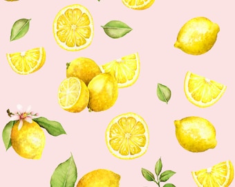 Lemon Fruit Fabric - Watercolor Lemons on Pink, Citrus, Lemonade - Quilting Cotton, Poplin, Home Decor, Upholstery Fabric by the Yard