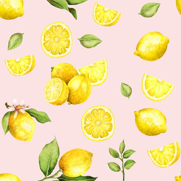 Lemon Fruit Fabric - Watercolor Lemons on Pink, Citrus, Lemonade - Quilting Cotton, Poplin, Home Decor, Upholstery Fabric by the Yard