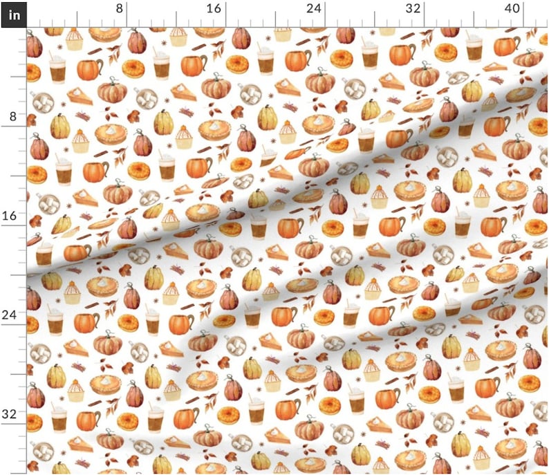 May include: White fabric featuring a repeating pattern of autumnal illustrations. The design includes pumpkins, pie slices, donuts, coffee cups, and cinnamon sticks in shades of orange, brown, and beige.