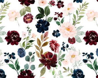 Navy and Burgundy Floral Fabric by the Yard. Quilting Cotton, Organic Knit, Jersey or Minky. Girl Nursery Fabric, Blush, Watercolor Florals