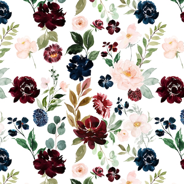 Navy and Burgundy Floral Fabric by the Yard. Quilting Cotton, Organic Knit, Jersey or Minky. Girl Nursery Fabric, Blush, Watercolor Florals