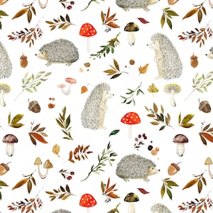 Hedgehogs Mushrooms and Leaves Fabric by the Yard. Quilting Cotton, Organic Knit, Jersey, Minky, Fleece. Woodland Animals, Cute
