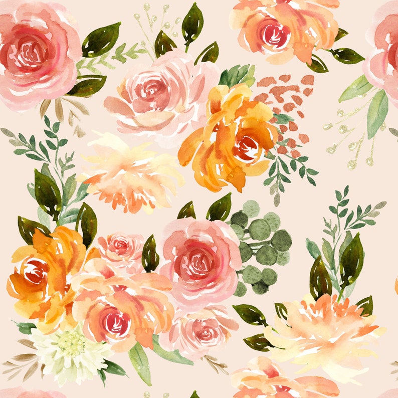 Peach Orange Floral Fabric by the Yard. Quilting Cotton, Minky, Organic ...