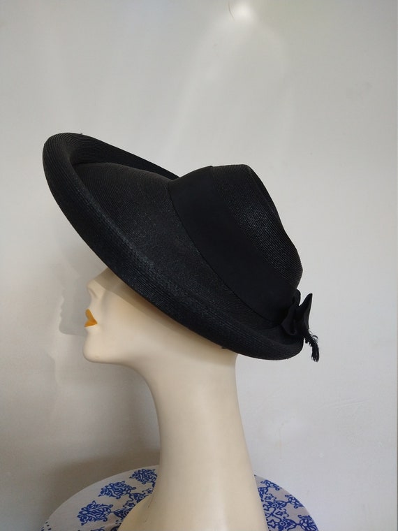 1940's Ladies Black Straw Picture Hat with Ribbon