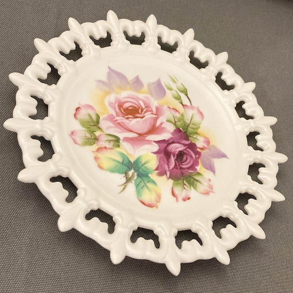 Vintage Lefton China Roses Lattice Edge Cut-Outs Dish Saucer Hand Painted 8.25" Plate Japan