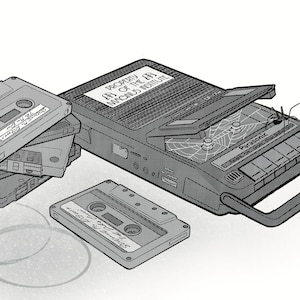 May include: A stack of cassette tapes, a cassette player with a spider web on it, and two blank cassette tapes. The cassette player has the text "PROPERTY OF THE ANAGRAMS INSTITUTE" on it.