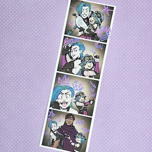 May include: A vertical print with four cartoon panels. The characters, with blue hair, are in different poses, with speech bubbles saying "Pow!" and "Boom!". The background is a light purple with white polka dots.