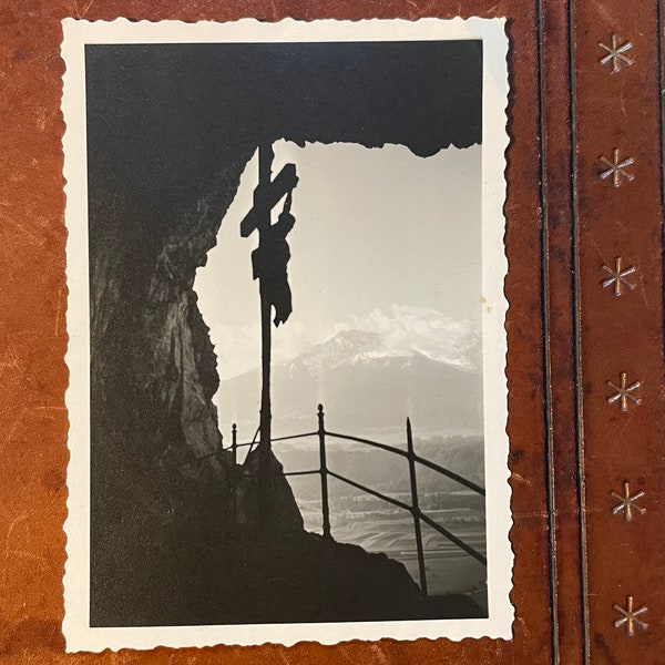 old photo of a cross in the Austrian mountains, vintage photo, found photo, vintage photography