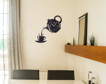 Teapot & Cup Kitchen Wall Clock: Acrylic Glass, Modern Design (44-45 cm)