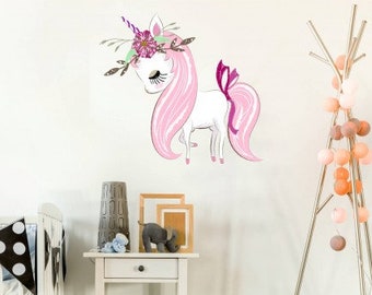 Unicorn wall decor sticker pony decal girl room decor pink unicorn flower wall decal gift for girl room wall art peel and stick girl decal