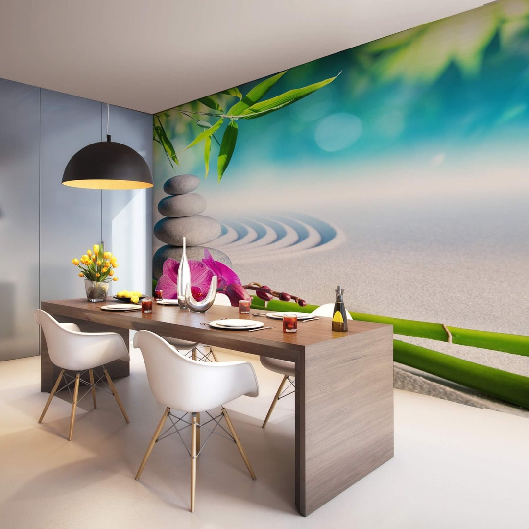 Zen Garden Wallpaper With Pebbles Orchid Flower Bamboo - Etsy