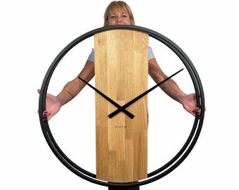 80cm Oak Wall Clock: Black Metal Frame, Silent Quartz Movement