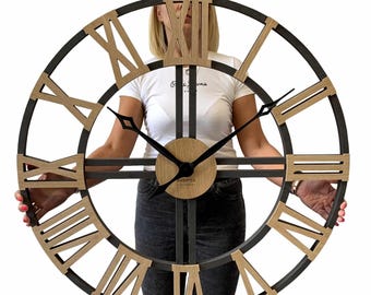 Large Oak Wall Clock: 80cm Rustic Loft Decor