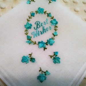 Schöne beste Wünsche Vintage Hankie weiß Taschentuch bestickt Aqua Türkis Rosen Blumen etwas alte Braut Geschenk senden in Karte Hanky