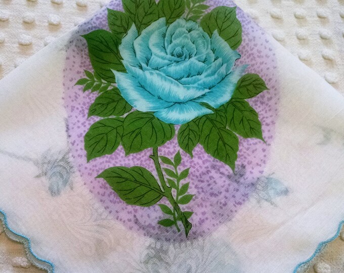 Aqua Blue Roses Vintage Floral Hankie Handkerchief Turquoise