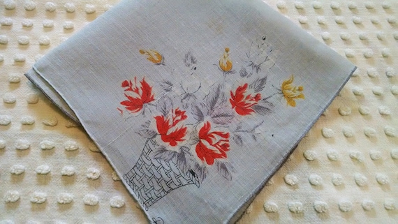 Lovely Vintage Floral Hankie Handkerchief Gray Gr… - image 1