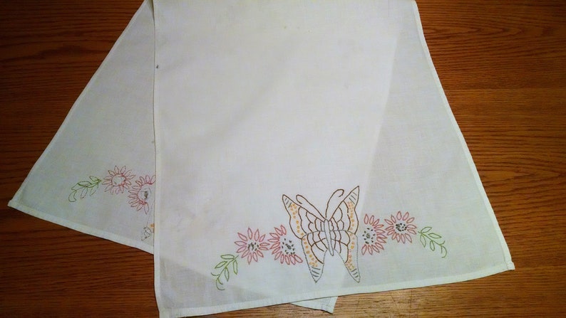 Sweet Embroidered Butterflies Dresser Scarf Table Runner Craft Fabric Embroidery Destash Flowers Yellow Brown Gray Red Shabby Cottage Chic
