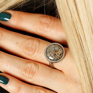 watch movement ring 14mm, vintage steampunk  hand made retro antique watch round ring, great gift pendant, swiss watch ring