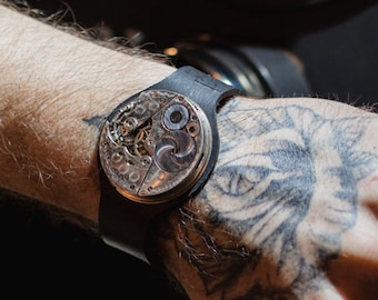 Pulsera hecha con movimiento de reloj de bolsillo real y cuero genuino, movimiento de reloj plateado, reloj antiguo retro steampunk hecho a mano, gran regalo