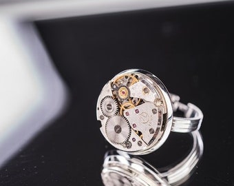 Uhrwerk Ring, vintage Steampunk handgemachte Retro antike Uhr runden Ring, großer Geschenk Anhänger, russische Uhr Ring