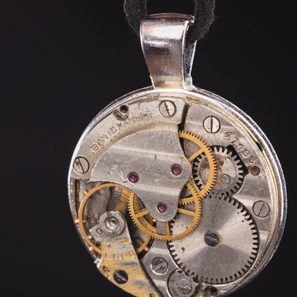 watch movement pendant, neclace, vintage steampunk  hand made retro antique watch round pendant, great gift pendant, soviet watch pendant