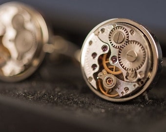 Real watch cufflinks, unique steampunk gift, vintage real watch movements cuff links, retro metal mechanical jewelry
