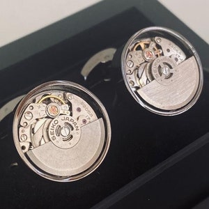 Real Seiko rotating cufflinks, automatic watch movement cufflinks in multiple colour frame, steampunk hand made