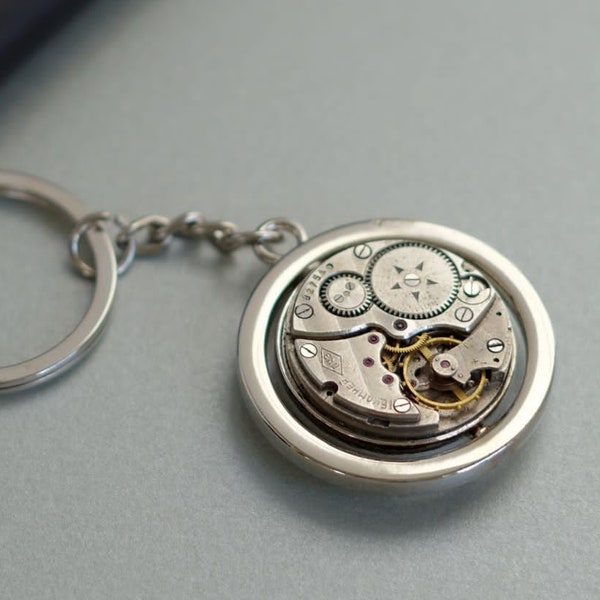 Rotating watch movement spinner keychain, watch movements pendant in steel colour frame, soviet watch cufflinks