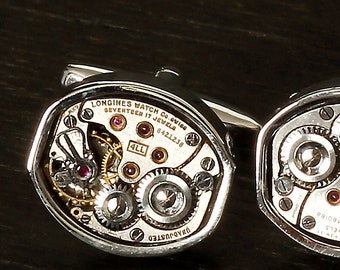 Longines watch movement cufflinks, Longines cufflinks, original Logines movement, unique steampunk gift, vintage watch movements cuff links