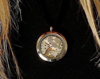 Pendant necklace with a watch movement, vintage steampunk, hand made retro antique watch round pendant in silver colour frame