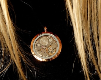 Pendent con un movimento orologio, steampunk vintage, retro orologio rotondo orologio retrò in cornice di colore oro rosa