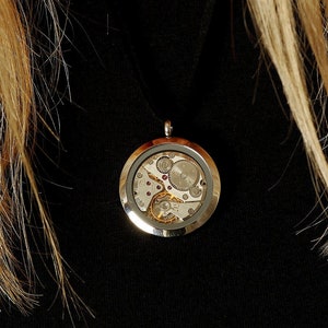 Pendant necklace with a watch movement, vintage steampunk, hand made retro antique watch round pendant in silver colour frame