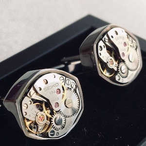 Seiko watch cufflinks for men, unique steampunk gift, vintage real watch movements cuff links, retro metal mechanical jewelry