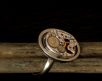 watch movement ring 10x14mm, vintage steampunk  hand made retro antique watch oval ring, great gift pendant, swiss watch ring