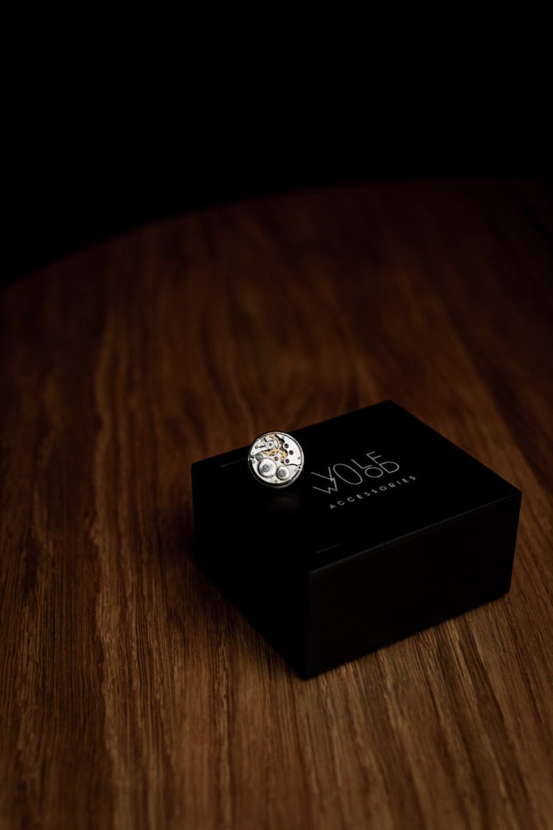 Pu&ograve; includere: Un movimento di orologio argentato su una scatola nera con il testo "WOLF ACCESSORIES" stampato sulla parte superiore.