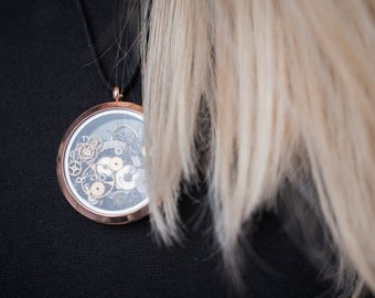 watch movement gears pendant, vintage steampunk, hand made retro antique watch round pendant in rose gold colour frame