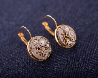 watch movement earings, gold colour frame, steampunk  hand made retro round chaika watch earing, great gift earing, hypoallergenic earrings