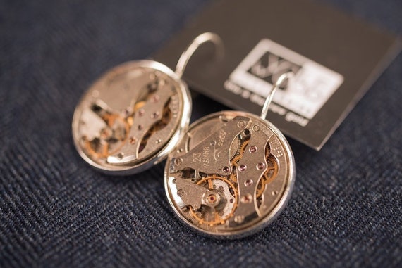 watch movement earings, vintage steampunk hand made retro antique round raketa watch earing, great gift earing, soviet watch