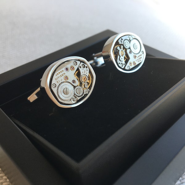 Cufflinks made with real Citizen watch movements, oval shape, 10x14mm vintage steampunk hand made cufflinks, watch cufflinks