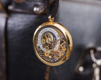 watch movement gears pendant, vintage steampunk, hand made retro antique watch round pendant in gold colour frame