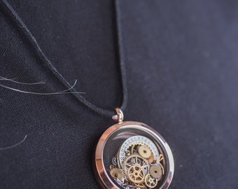 watch movement gears pendant, vintage steampunk, hand made retro antique watch round pendant in rose gold colour frame