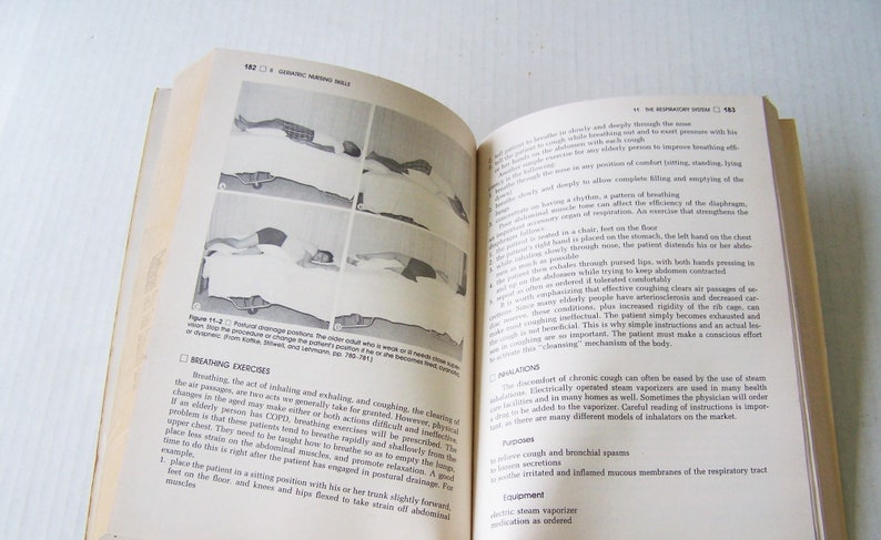 May include: Open book with text and illustrations about nursing skills. The left page shows diagrams of patients in different positions. The right page has text about breathing exercises and the respiratory system.