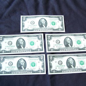 Notas de dois dólares de 2017, lote com 5 números de série consecutivos não circulados, nota de dois dólares de Thomas Jefferson, presente de aniversário, produto americano