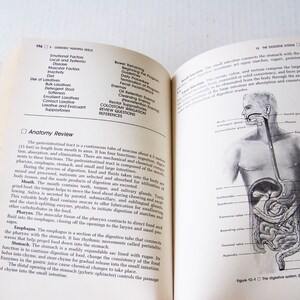 May include: Open book with pages displaying anatomical illustrations and text. The right page features a detailed diagram of the digestive system with labels. The left page has text about the digestive system.