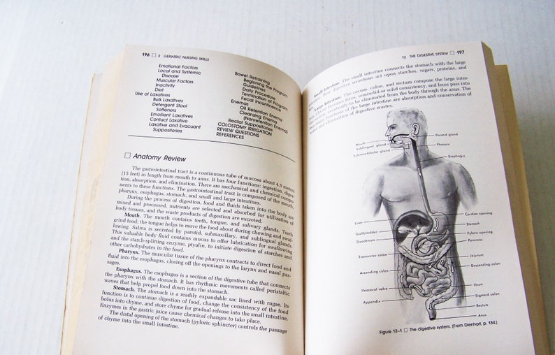 May include: Open book with pages displaying anatomical illustrations and text. The right page features a detailed diagram of the digestive system with labels. The left page has text about the digestive system.