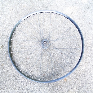 Può includere: Una ruota di bicicletta caratterizzata da un cerchio in metallo nero con sottili raggi argentati che si irradiano da un mozzo centrale. Il cerchio riporta la scritta Riverside in lettere bianche. La ruota è circolare e in metallo.